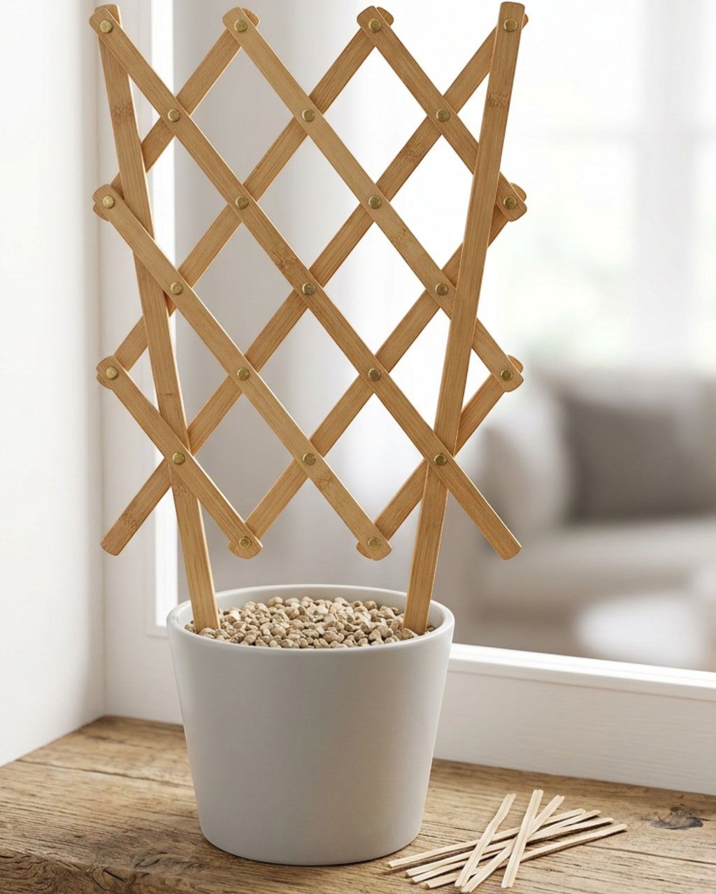 Qwfrm Expandable Bamboo Scissor Plant Trellis Natural 32 Inch - Lifestyle view